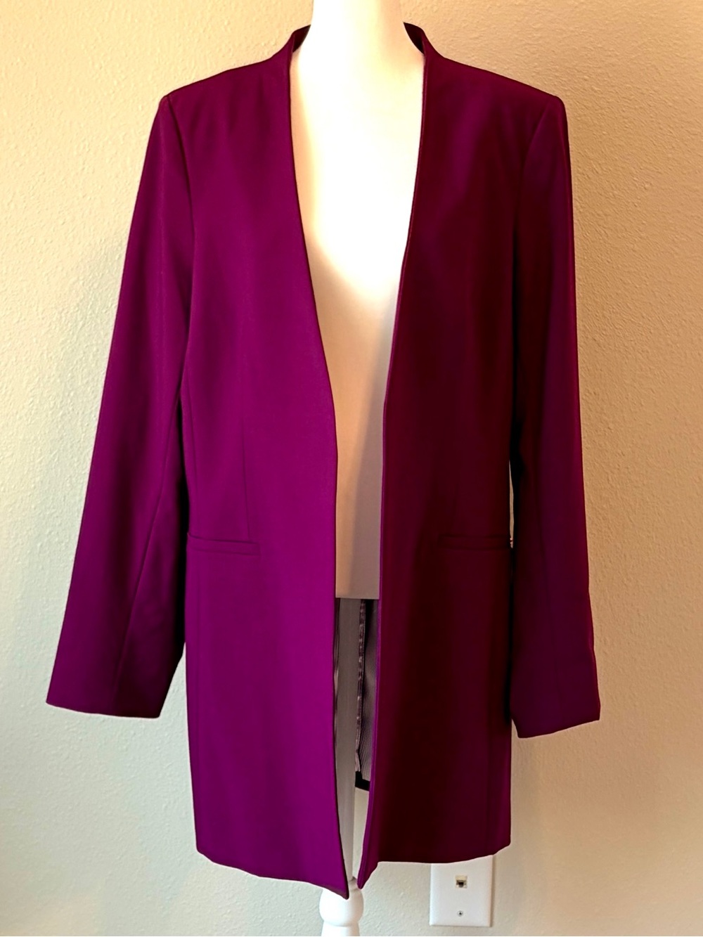 Calvin Klein Women's Open Front collarless Longline Blazer Jacket Magenta Purple